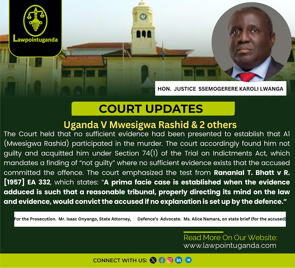 Evidence of motive alone, without proof of participation, cannot sustain a murder charge; accordingly, a no-case-to-answer ruling must issue as a matter of law, not discretion — Court at Kabale rules.