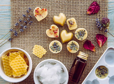 Making of mini wax melts for aroma lamp diffuser at home concept. Tools ingredients on tab