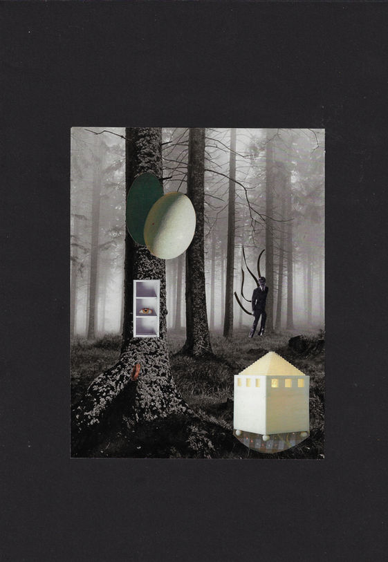ein dunkler, nebliger Wald; im Vordergrund steht eine Hütte aus Porzellan. An einem Baumstamm ist ein Regal befestigt, aus dem ein Auge hervorblickt. Ein Riesenei schwebt darüber. Im Hintergrund lauert ein Mann mit Tentakeln.