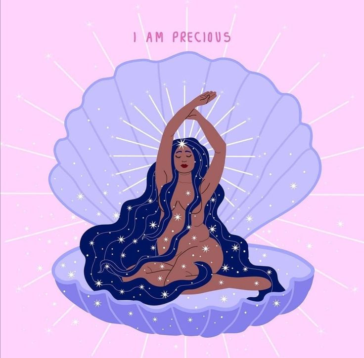 Une femme avec des cheveux rempli d'étoiles qui est pulpeuse et nue assise au milieu d'un coquillage avec des couleurs très girly et la phrase i am precious