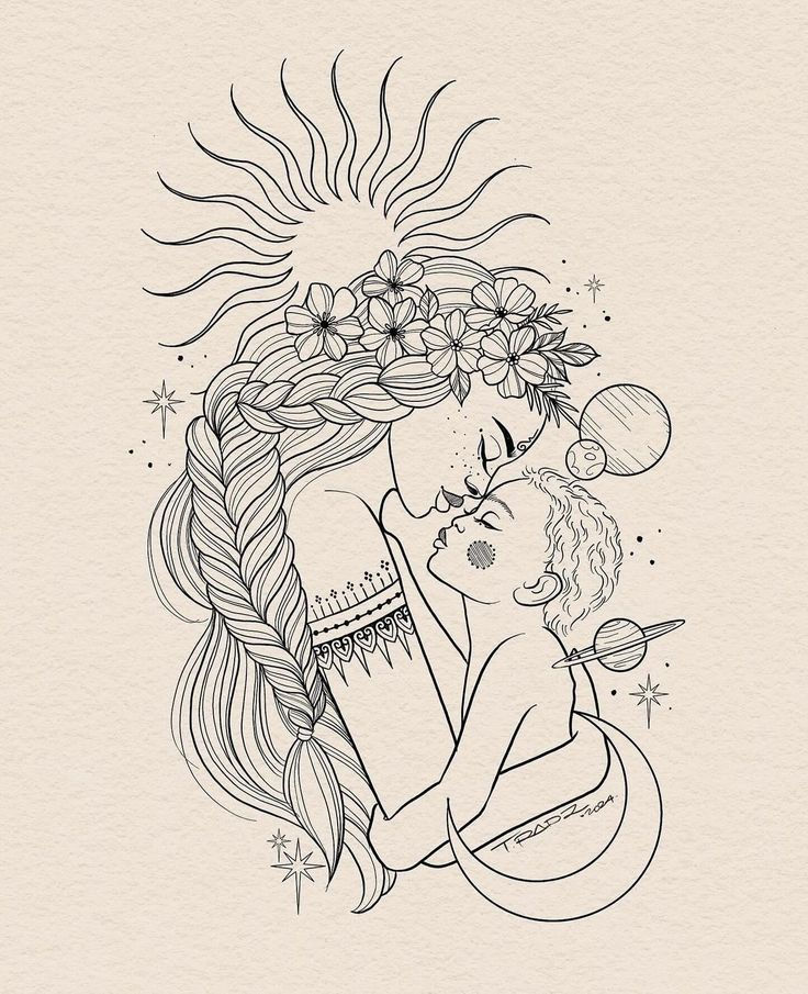 Dessin spirituel d'une femme tête contre tête avec son bébé entouré d'étoiles, de planètes, d'un soleil, d'une lune
