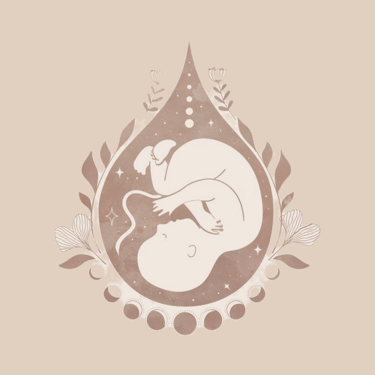 Image aesthetic d'un foetus représenté dans un ventre entouré de symboles liés au cycle lunaire et à la nature