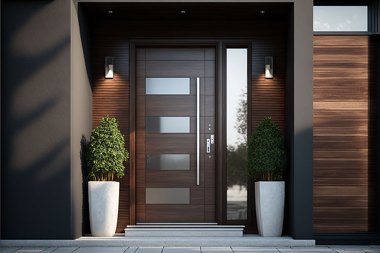 Glass entrance door with side lighting and wall section modern style dark interior