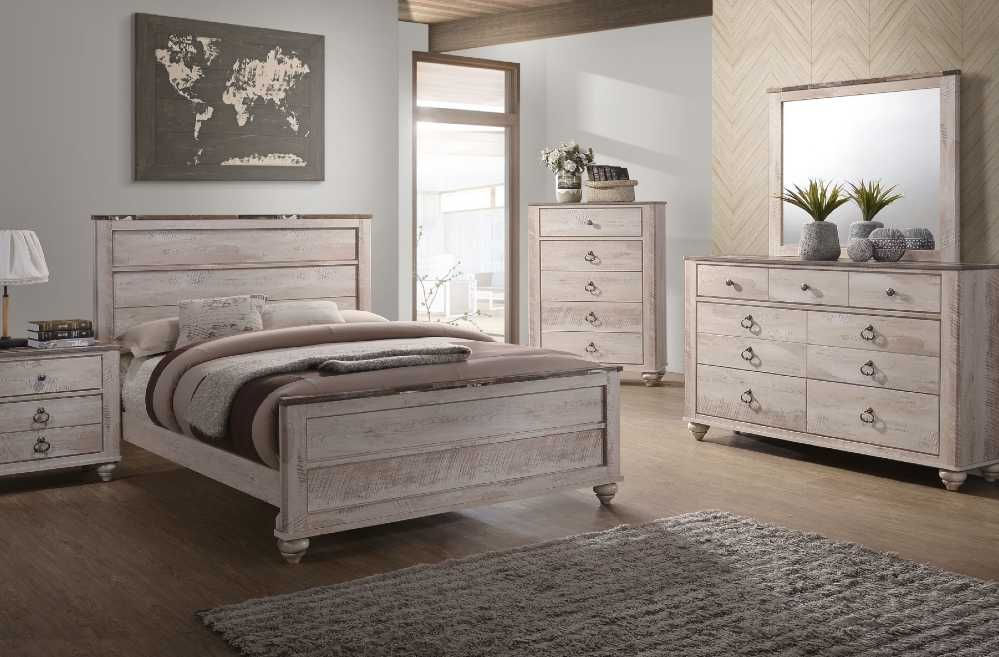 Queen, Double or Twin Distressed White Wash Bedroom Set
