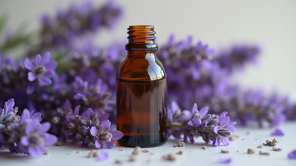 Close-up view of a bottle of lavender essential oil surrounded by dried lavender flowers