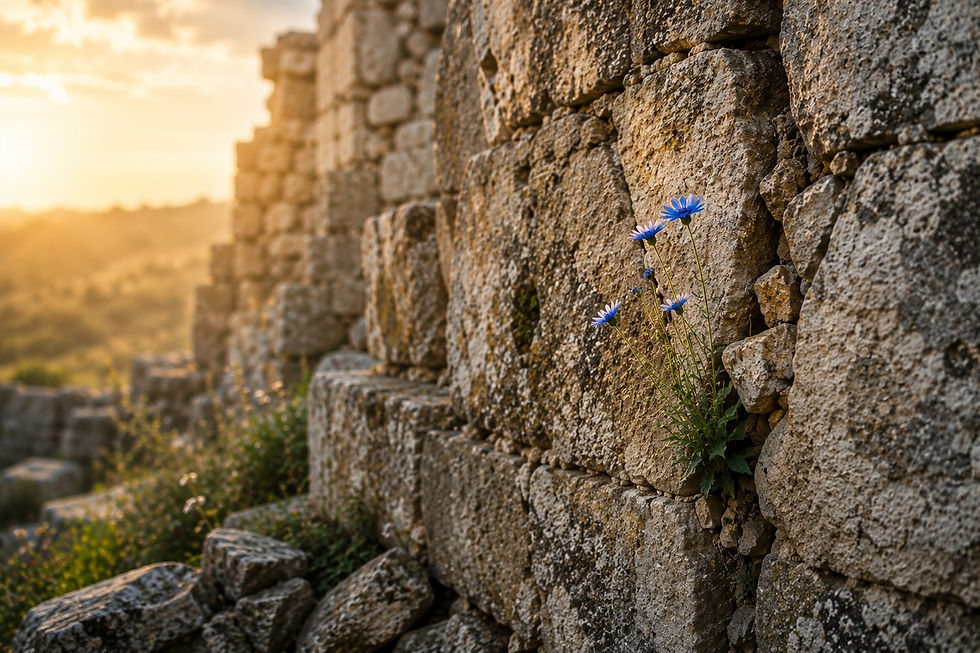 Blue wildflowers sprout from a weathered stone wall at sunset, with blurred ruins and golden light behind.