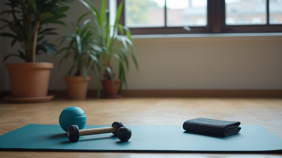 Eye-level view of a fitness mat with exercise equipment for core strengthening