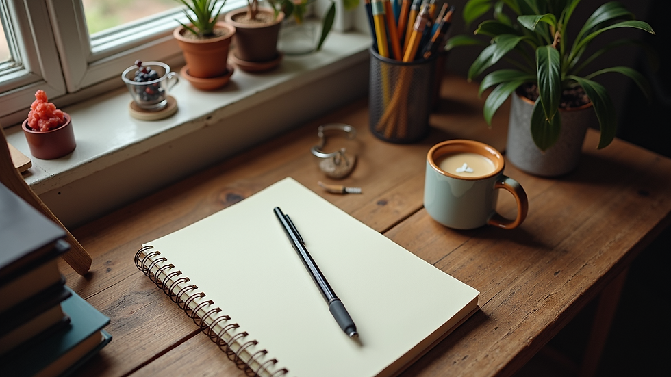 High angle view of a cozy corner with art supplies and a journal