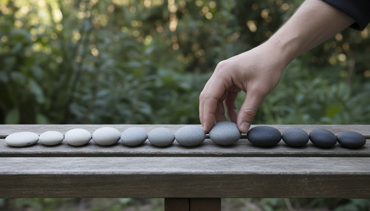 Close-up view of a hand placing a small stone among stones arranged from light to dark.