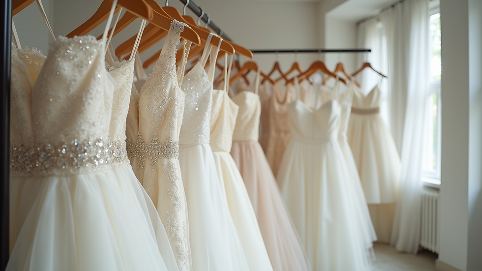 Eye-level view of elegant wedding dresses hanging on racks in a bridal boutique