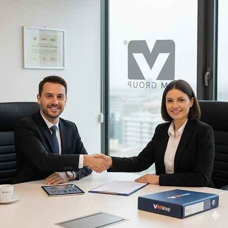 Incontro professionale negli uffici VM Group per la firma di un contratto di riqualificazione energetica e consulenza finanziaria.