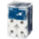White Tork toilet rolls, stacked on top of each other with clear and blue packaging
