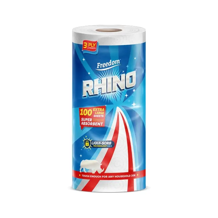Rhino kitchen roll, blue, red and white packaging.