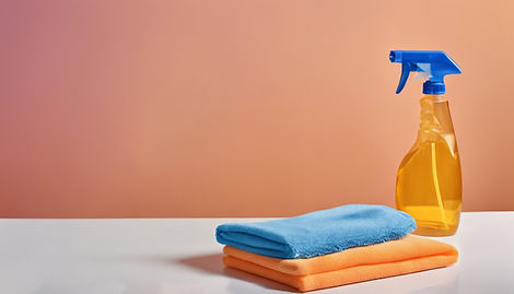 A yellow spray bottle with a blue lid, behind two folded microfibre cloths, the background is orange.