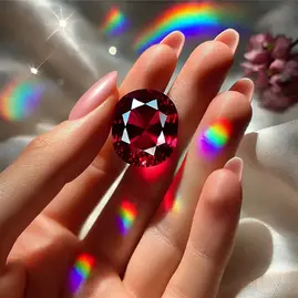虹色の光を浴びて輝くルビーを指にのせたクローズアップ写真。愛と情熱を象徴する鮮やかな赤色の宝石。