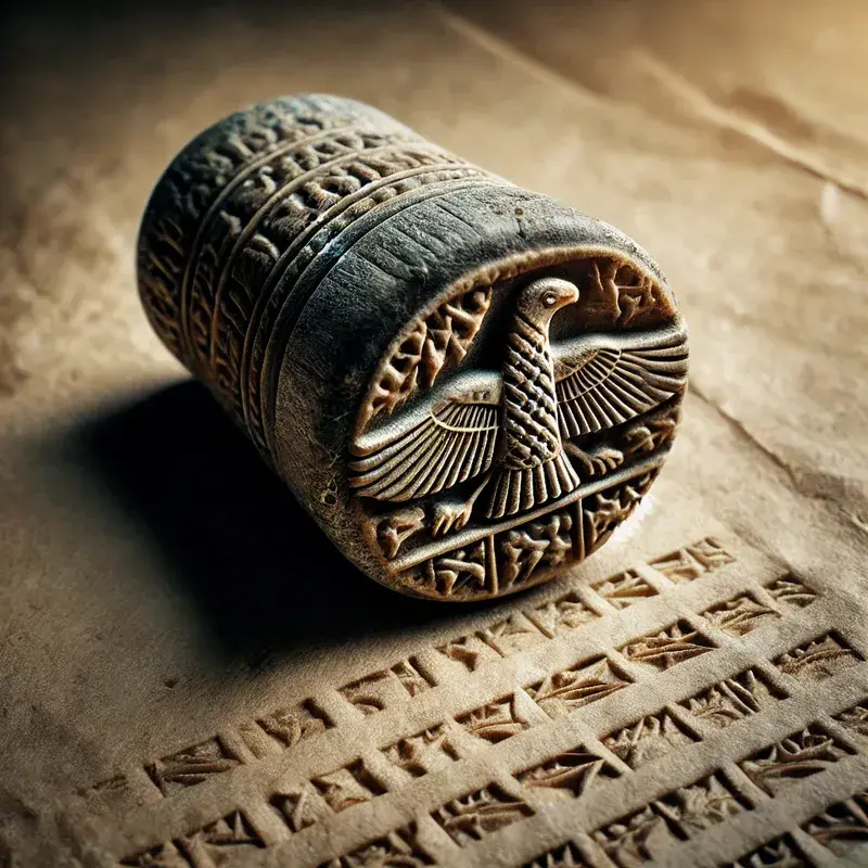 楔形文字と鳥のモチーフが刻まれた古代メソポタミアの円筒印章