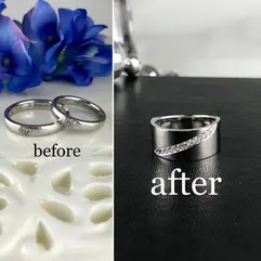 結婚指輪 2 本を 1 本にまとめ、ダイヤモンド・サファイア・アメジストを再配置したプラチナリングのリビルド事例。