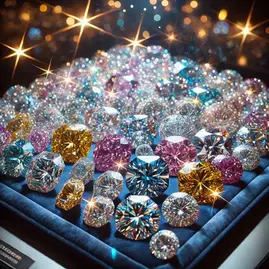 色とりどりのファンシーカラーダイヤモンドが並ぶ高級感あるビジュアル