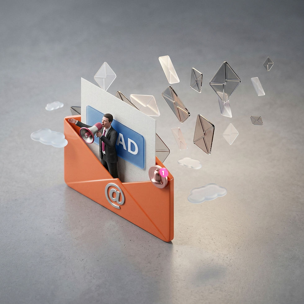 Email marketing illustration with promotional message, megaphone, and outgoing emails