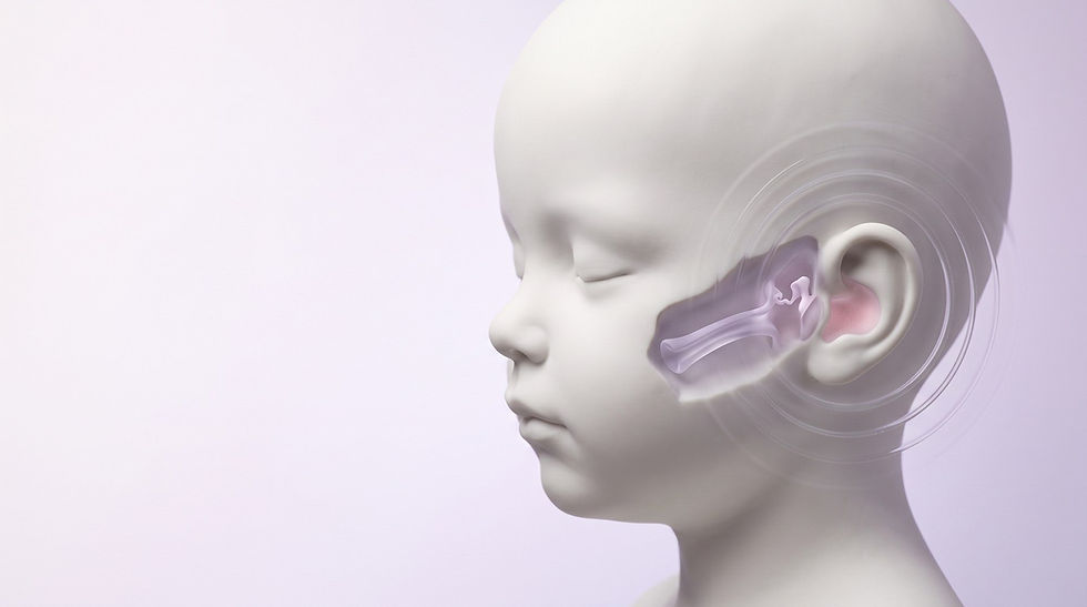 Ilustración de la cabeza de un niño con el oído medio en vidrio lavanda