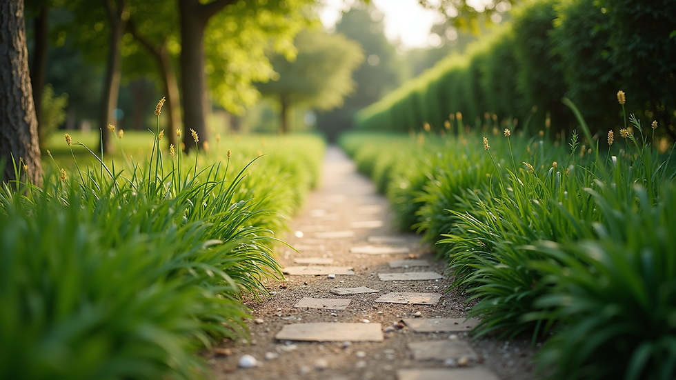 Eye-level view of a peaceful garden pathway surrounded by greenery
