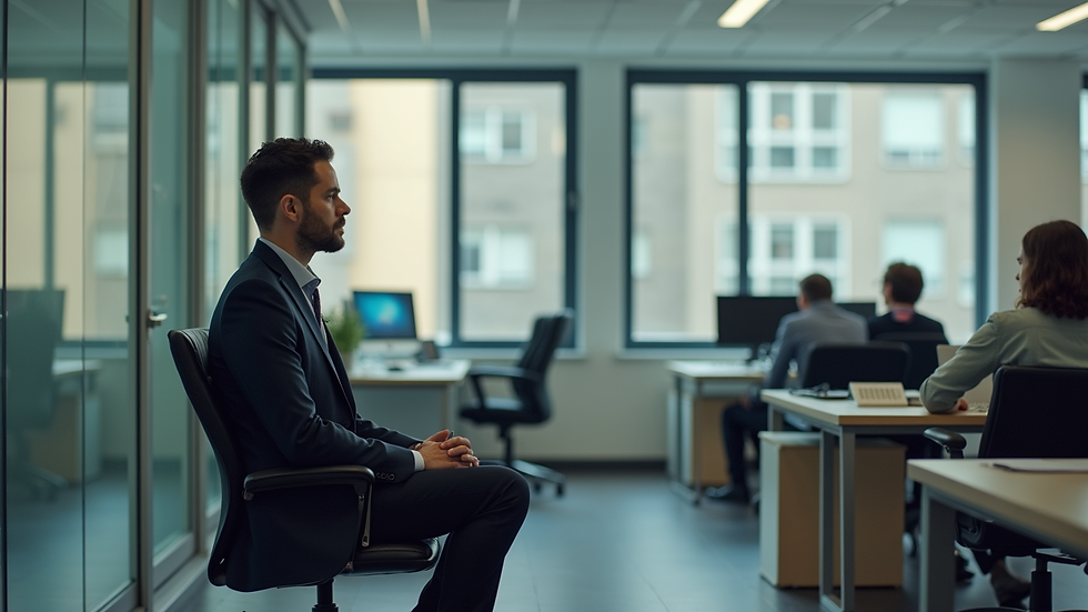 Eye-level view of a professional sitting upright with confident posture in an office