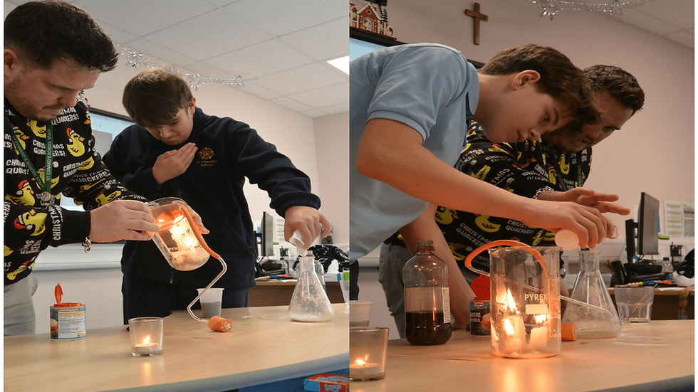 Two people in a classroom conduct a science experiment. They appear focused and engaged.
