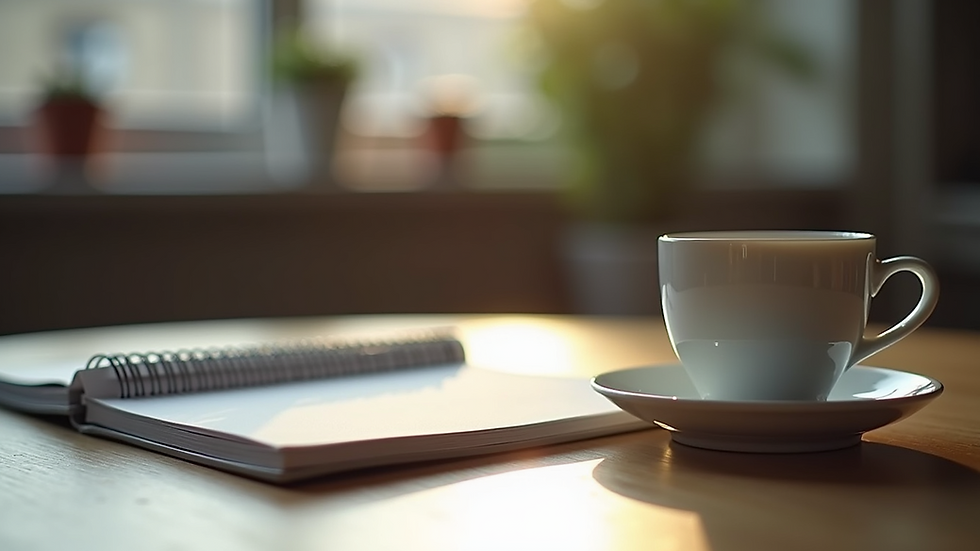 Close-up view of a desk with a notebook and a coffee cup