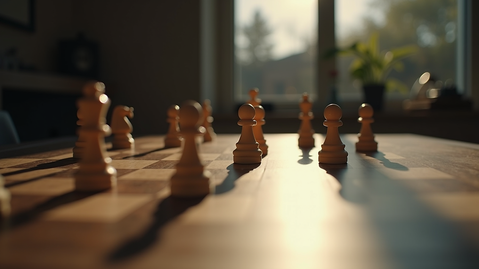 Vista en ángulo alto de un tablero de ajedrez con piezas en posición de juego