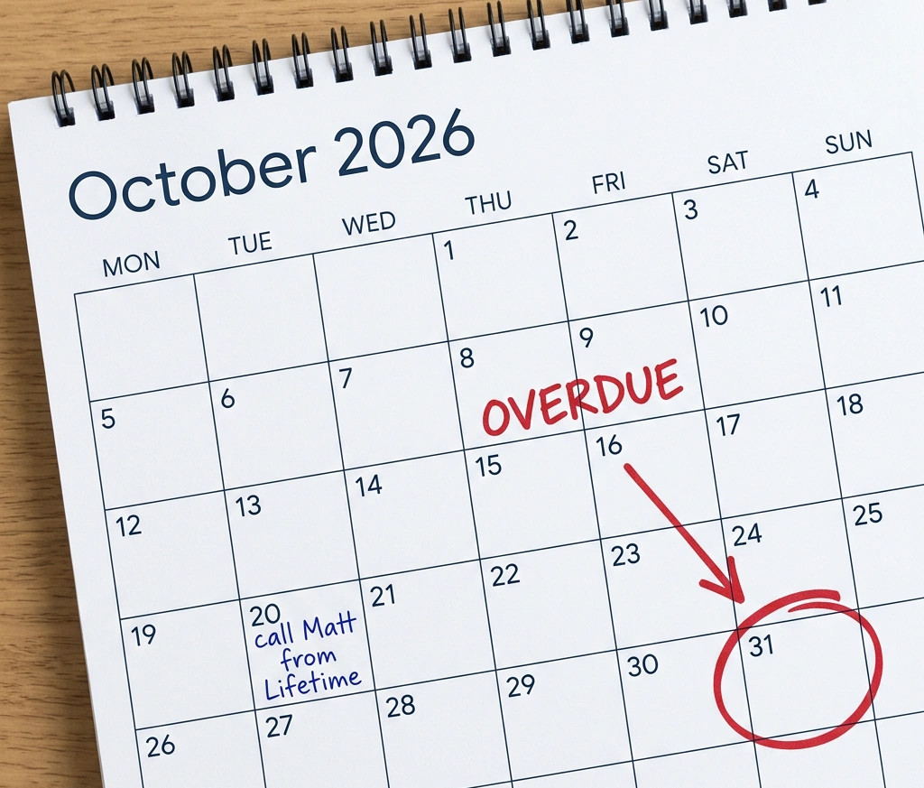 October 2026 desk calendar with OVERDUE stamped in red, arrow to circled Oct 31, and note: call Matt from Lifetime.