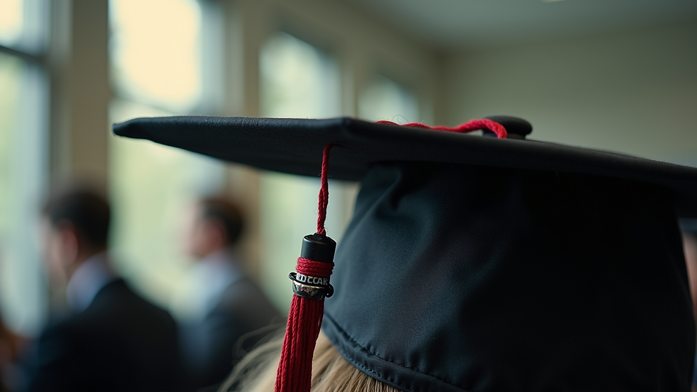 Close-up view of a graduation cap with a "Medicare" tag