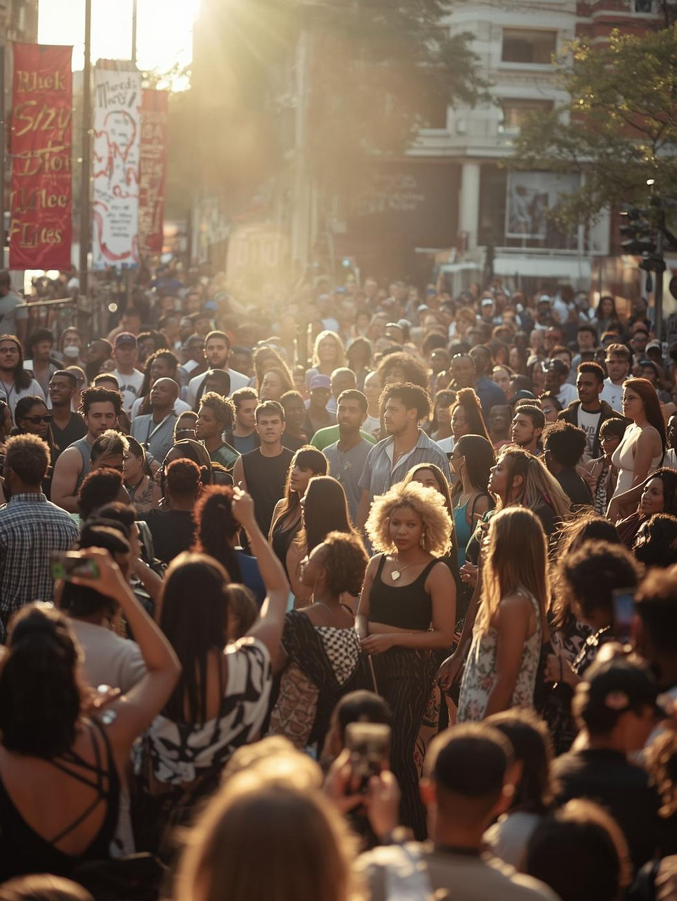 A contemporary outdoor cultural event in a city, diverse crowd gathered around a live perf