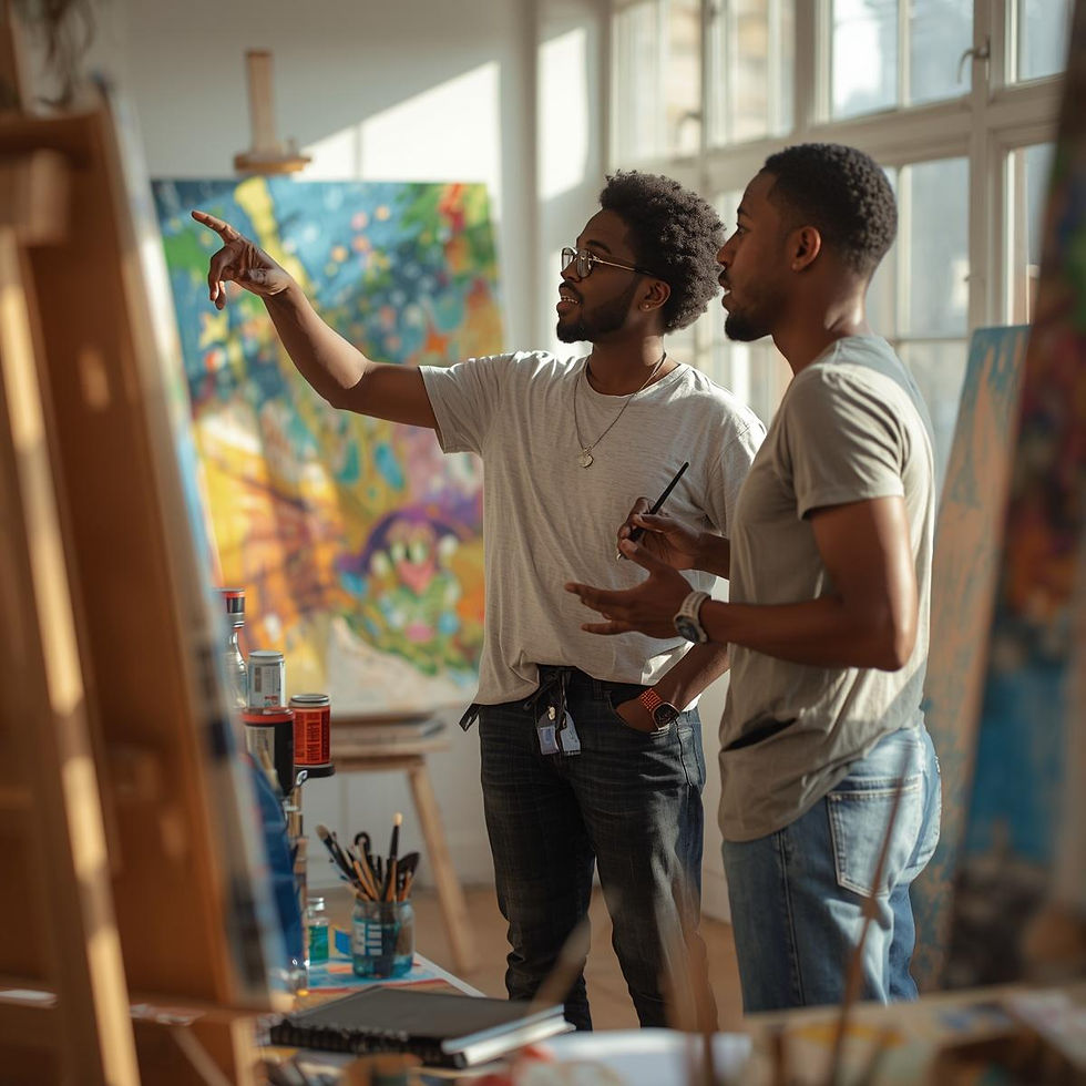 A Black artist and curator in a studio discussing artwork, pointing at a canvas, notebooks