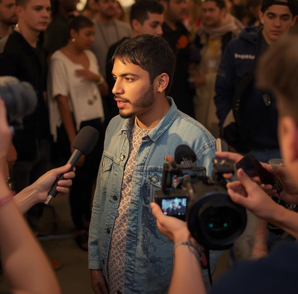 A queer creative artist being interviewed at a gallery opening, microphones and cameras vi
