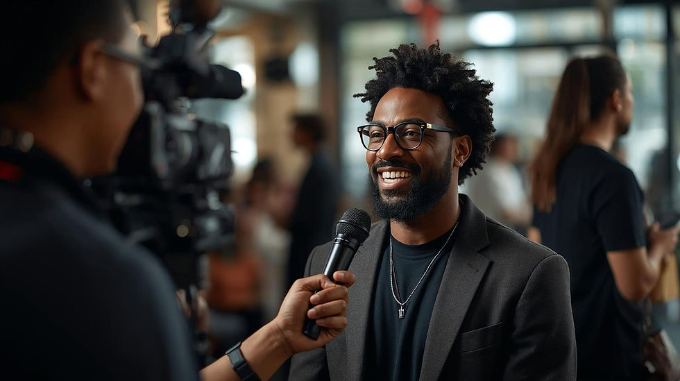A Black creative being interviewed on camera in a modern cultural space, interviewer holdi