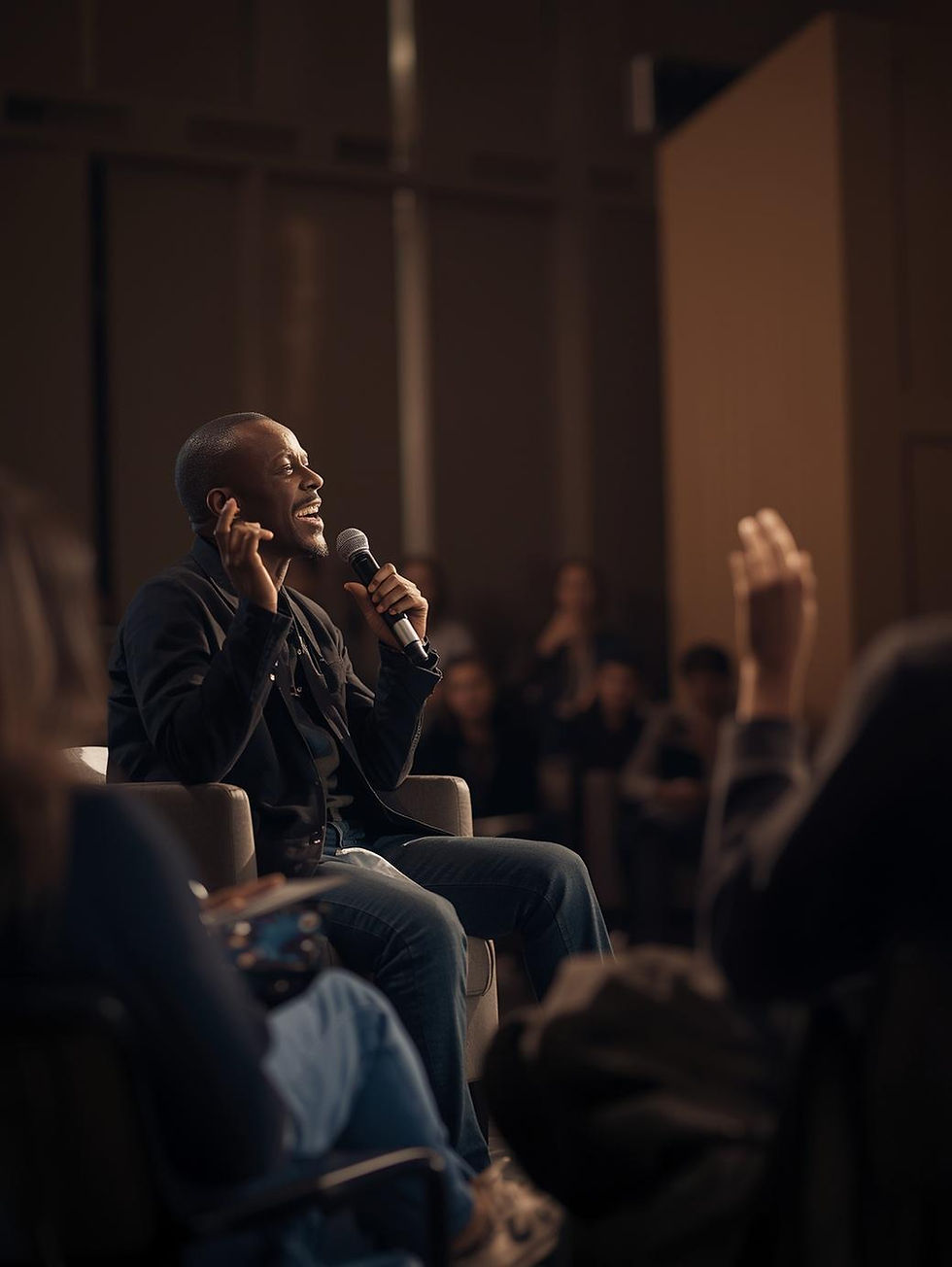 A Black creative speaking during an interview or panel, seated or standing with a micropho