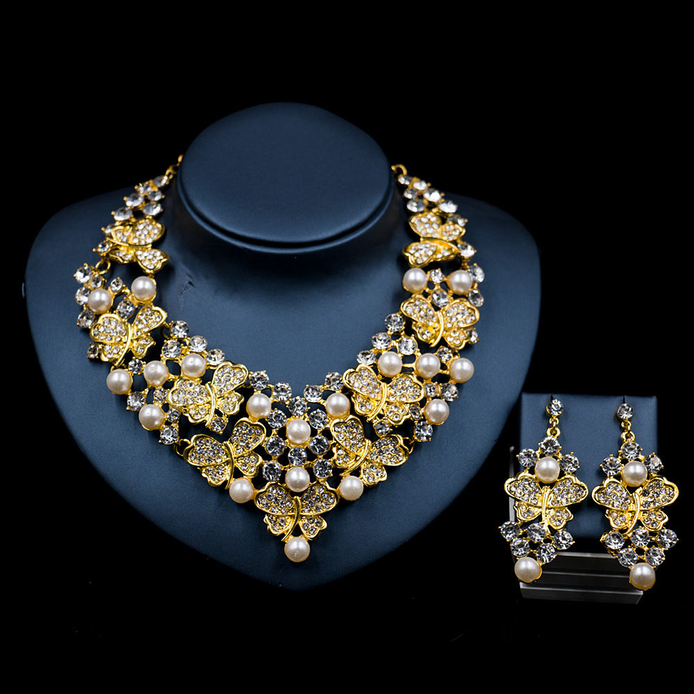 Bridal Pearl Glass Rhinestone Clover Necklace Earring Set