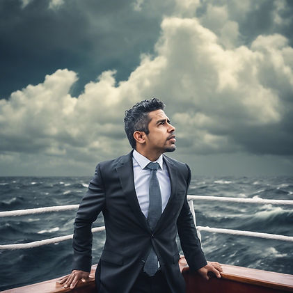picture of a hispanic male manager in a suit standing on a ship in rough seas looking at t
