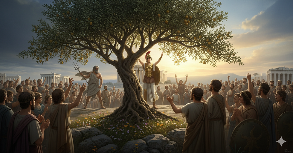 Atenea en su confrontación con Neptuno para ser la diosa de los atenienses