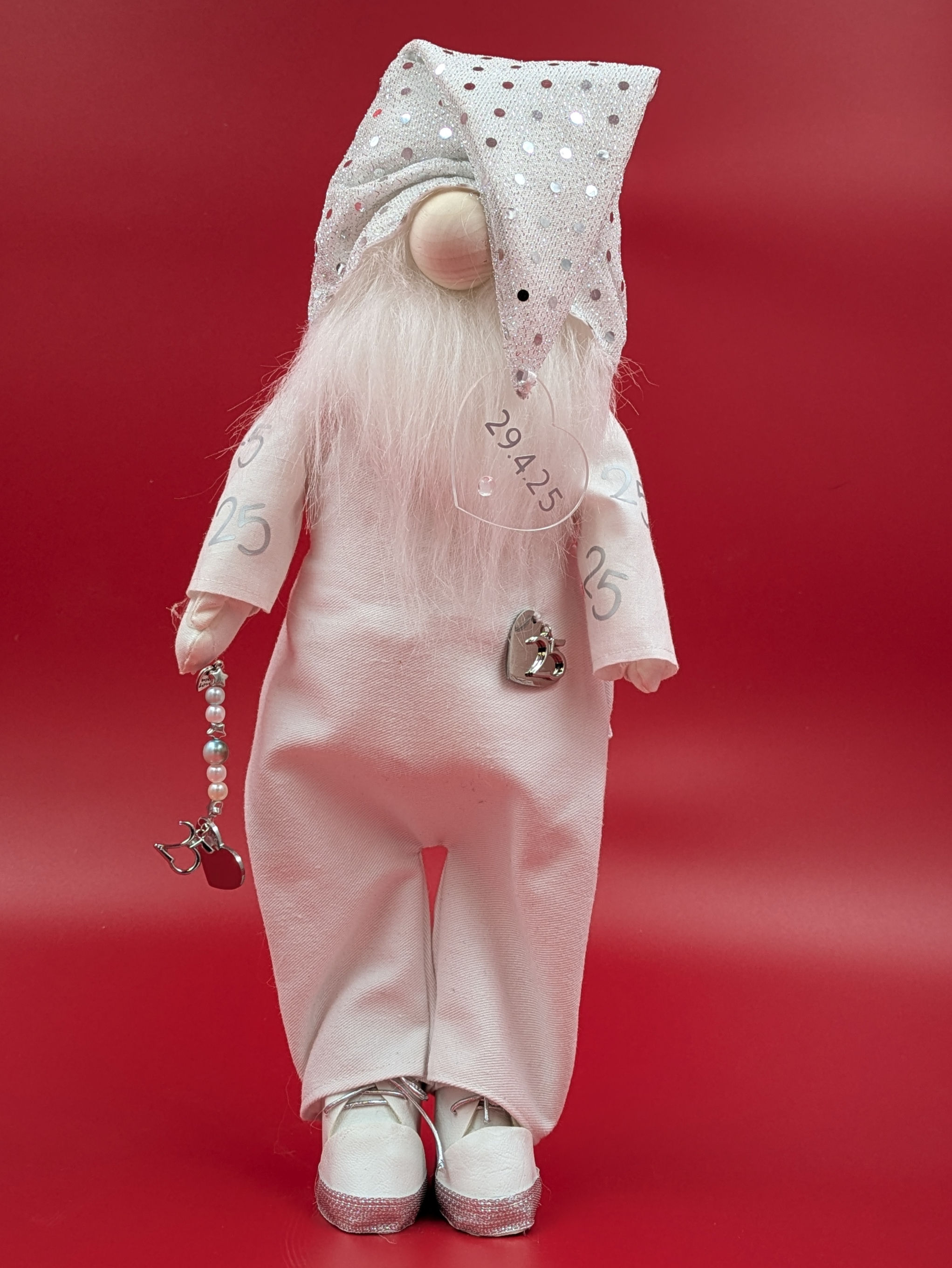 Silver anniversary gonk. White dungaress, white beard, silver sequin hat