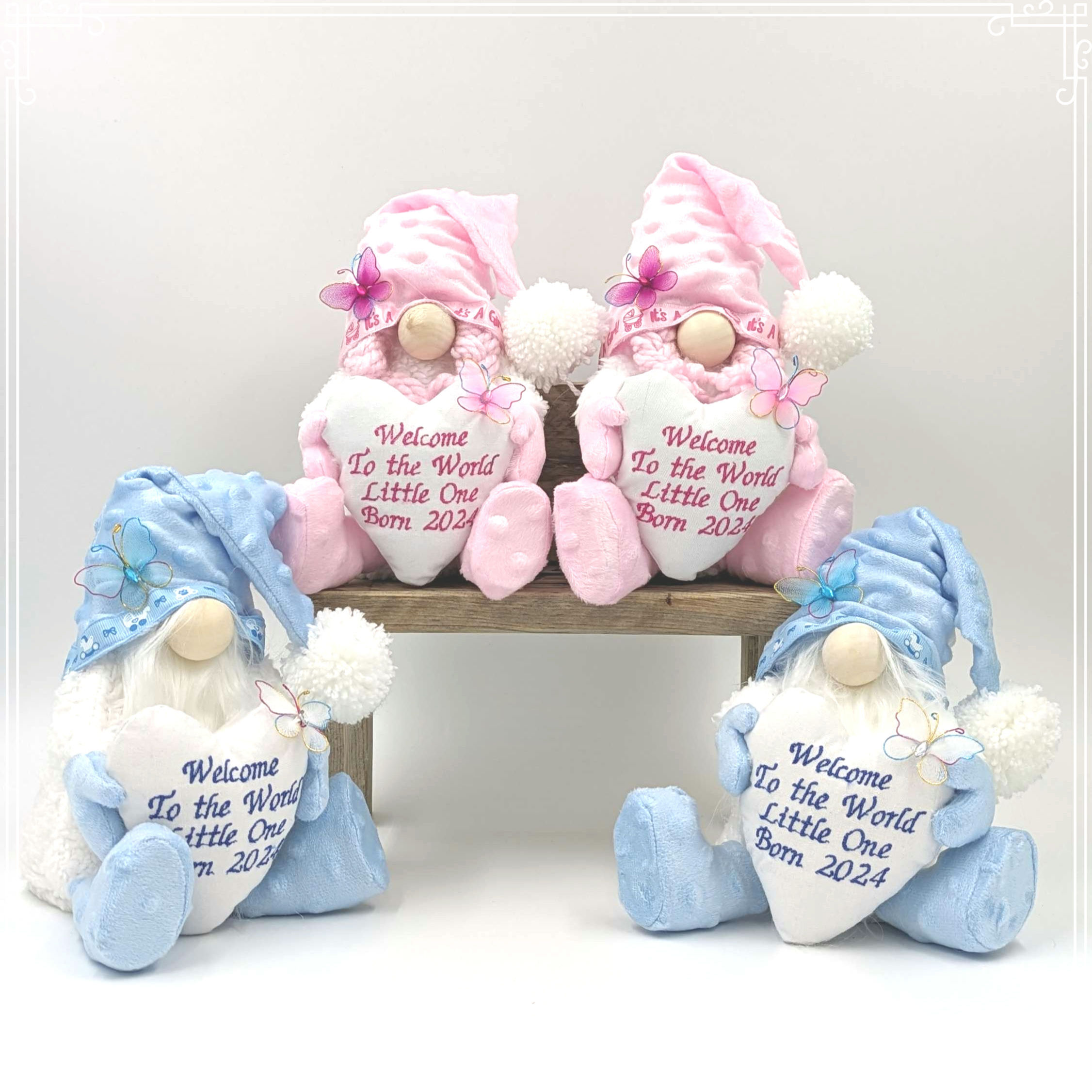 Celebration Gonks either have Pink or Blue hat, gloves and boots with white teddy upcycled duvet holding a heart with quote