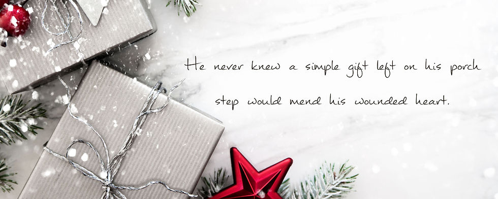 Merry Me banner. Silver christmas presents on the left side with evergreen branches surrounding it and a red star. In the middle is the quote: He never knew a simple gift left on his porch step would mend his wounded heart.
