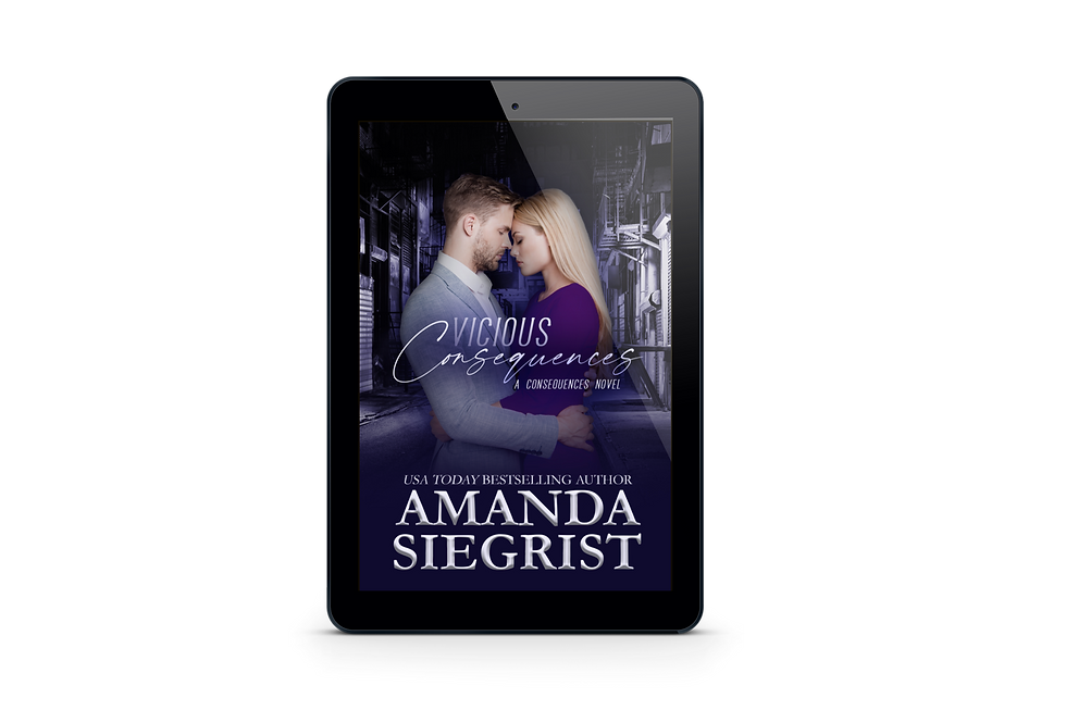 Ebook cover for Vicious Consequences. A city side street tinted in purple is in the background. Front and center is a couple standing looking at each other, resting their foreheads against one another. The man is wearing a light gray suit and the woman is wearing a purple dress. In the middle is the title: Vicious Consequences, A Consequences Novel. On the bottom is USA Today Bestselling Author Amanda Siegrist
