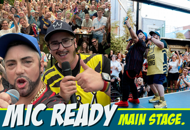 Split photo of drag king duo The Back Door Boyz performing on the main stage at In The Hanging Garden, taking crowd selfies