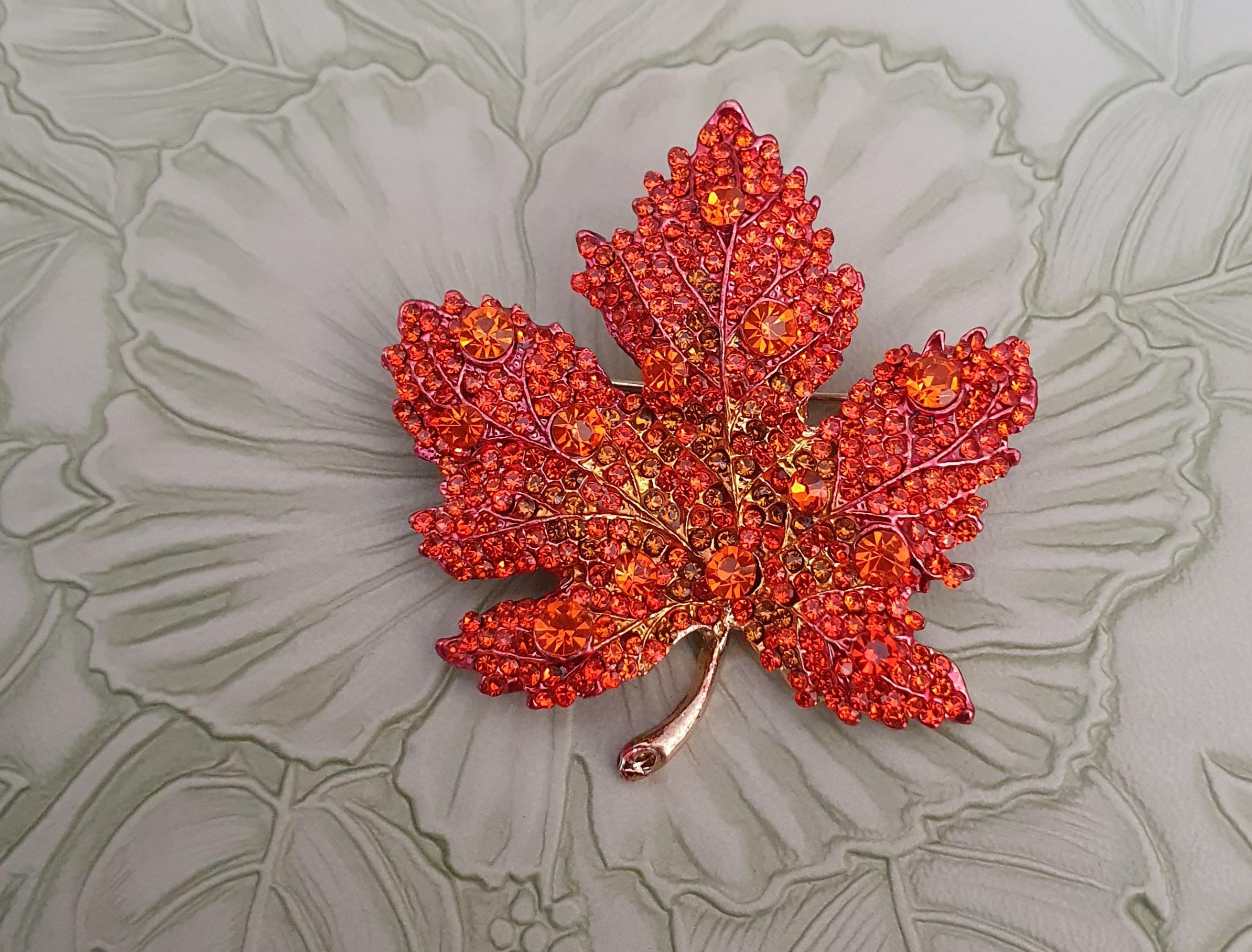 Autumn leaf sparkly rhinestone brooch