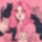 An illustration showing a lady surrounded by cats.