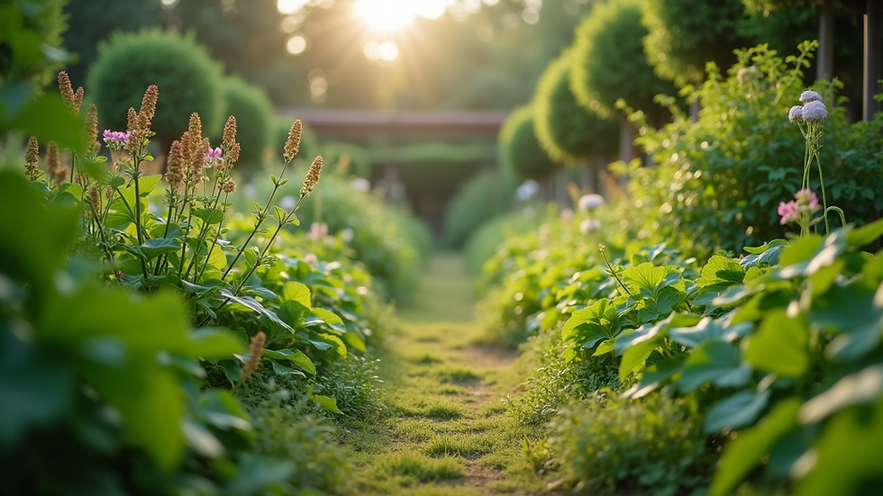 Eye-level view of a lush green garden with various plants and flowers