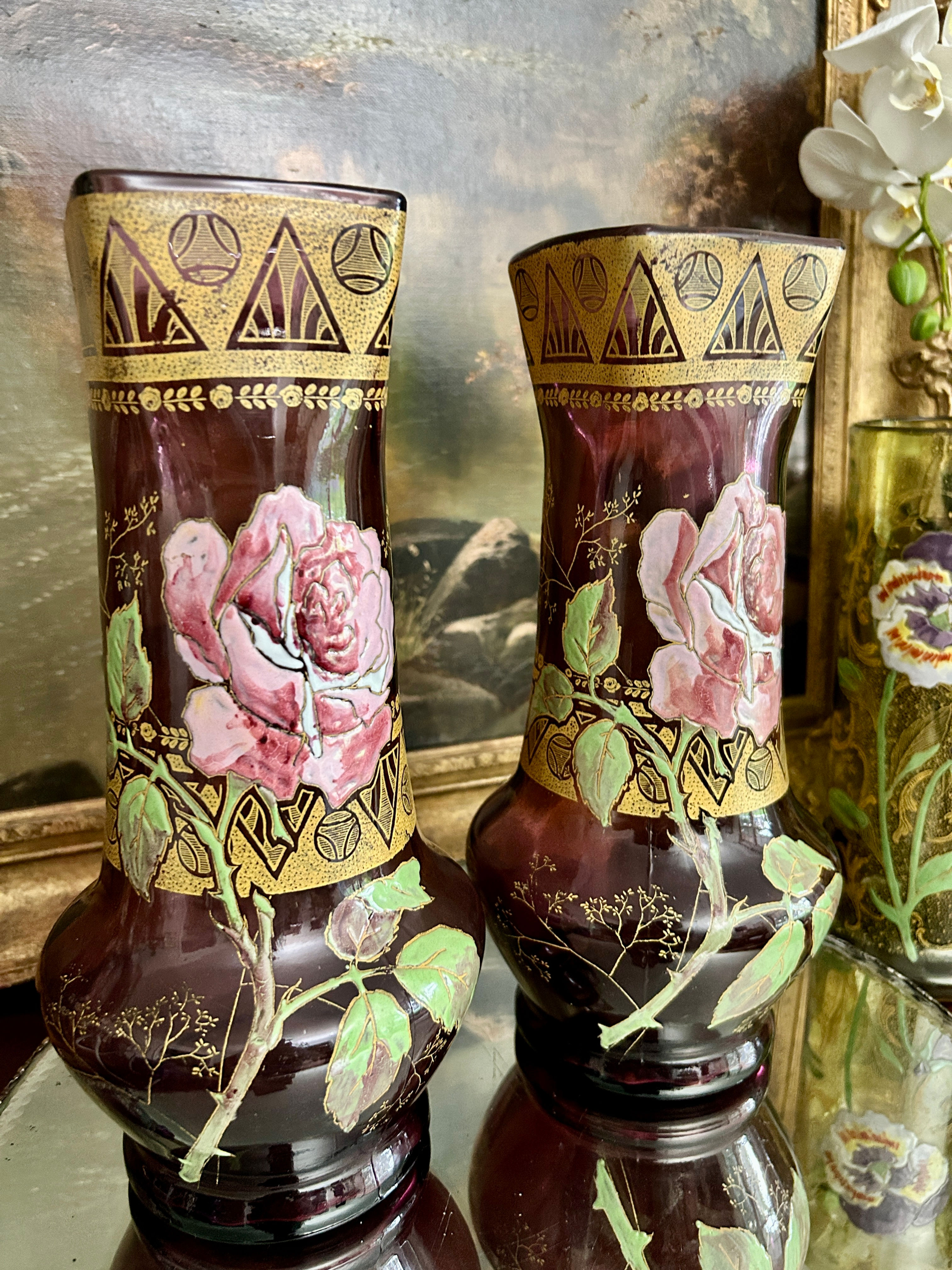 Pair of Mont Joye Legras Amethyst Art Glass Vases with Enameled Roses