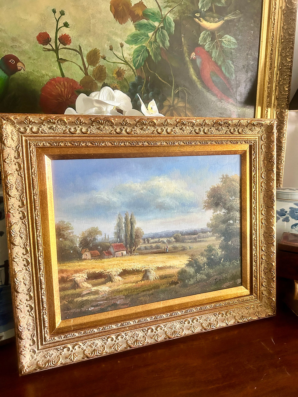 Thumbnail: Vintage Pastoral Landscape Oil Painting in Gilt Frame
