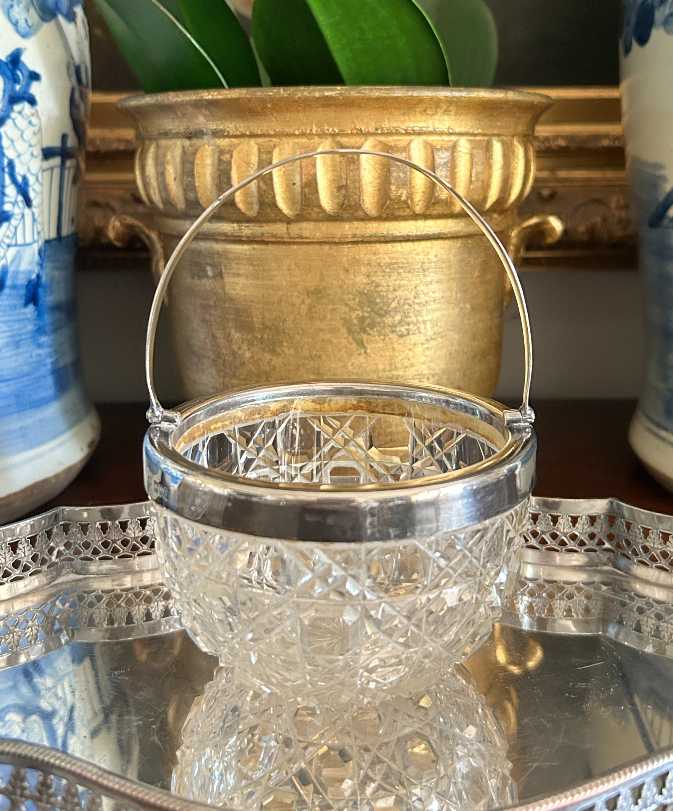 Antique English Sterling & Cut Crystal Basket